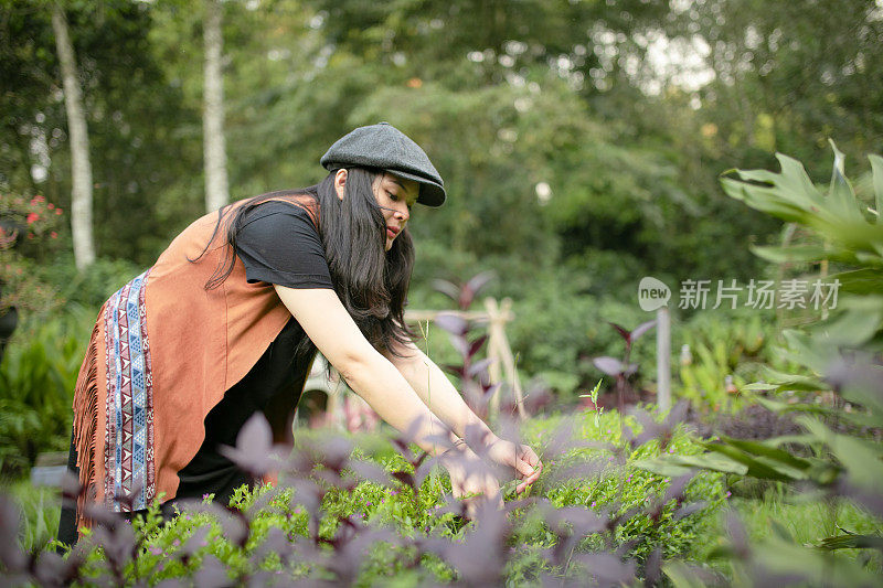 年轻的亚洲美女在后院园艺