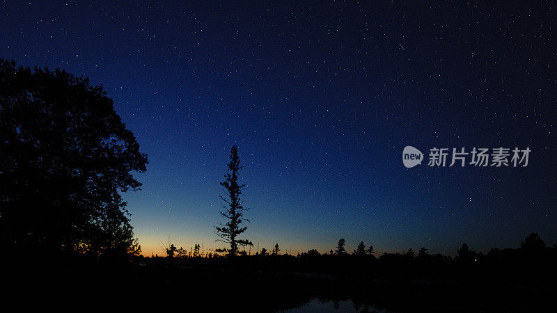 加拿大安大略省托伦斯黑暗天空保护区的夏夜天空中，银河和星星倒映在平静的湖面上