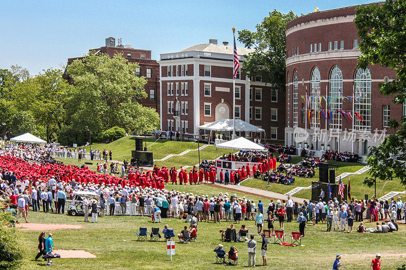 在卫斯理大学的毕业典礼上，以美国国旗和校园建筑为背景，俯瞰人群和典礼。