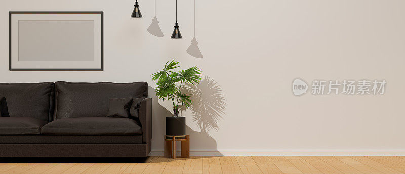 客厅室内设计，室内装饰有沙发、花盆、台灯和模型架，3D效果图