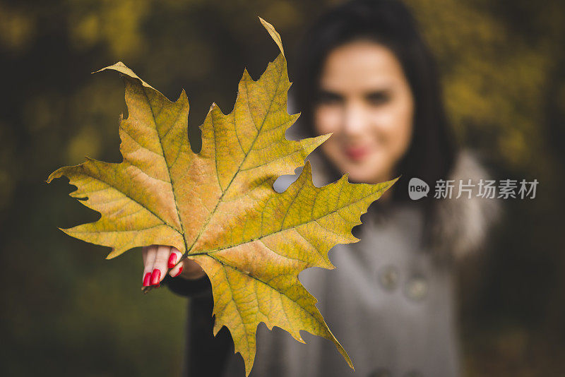 女孩拿着一片大叶子