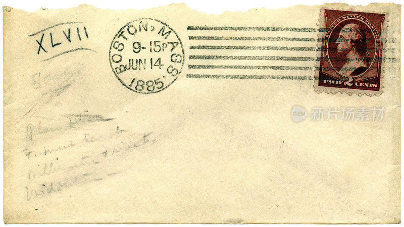 信封上写着潦草的字条，来自马萨诸塞州波士顿，1885年