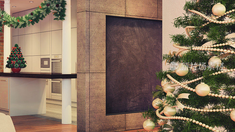 室内装饰有圣诞树和黑板墙