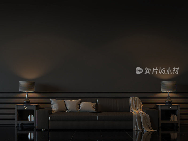 现代客厅内饰以黑色简约风格的3d渲染图像