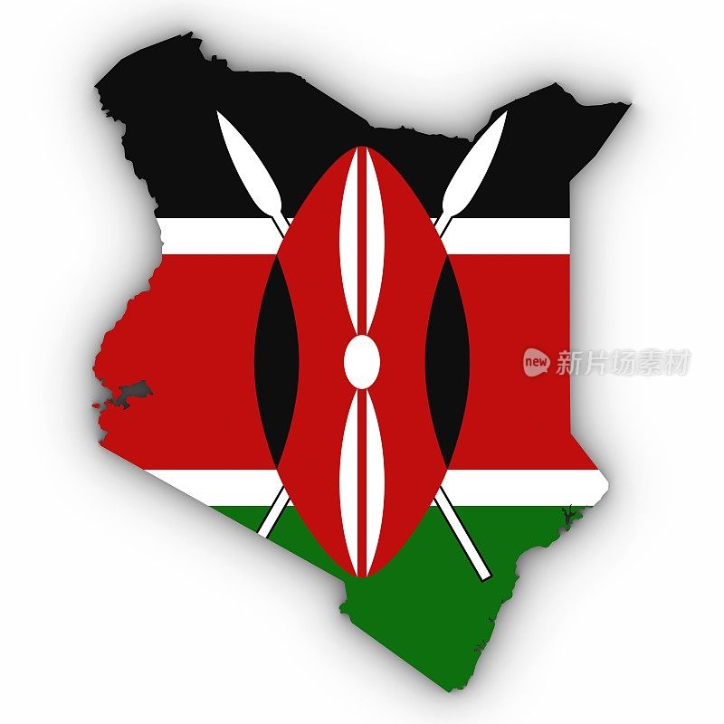 肯尼亚地图轮廓与肯尼亚国旗在白色与阴影3D插图