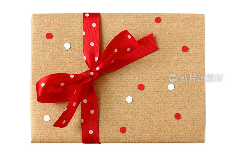 红色圆点蝴蝶结和五彩纸屑包裹礼物