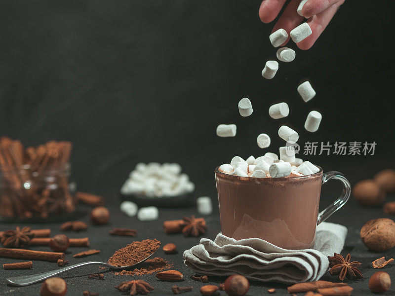 棉花糖落在热巧克力可可杯里