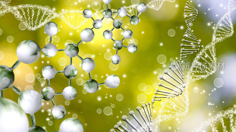 分子结构和dna链的图像上的绿色背景特写
