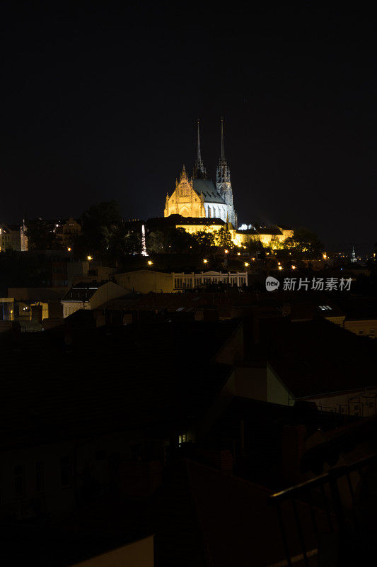 捷克布尔诺的圣彼得和保罗大教堂。在夜晚被黄色灯光照亮的小山上的圣彼得和保罗大教堂。