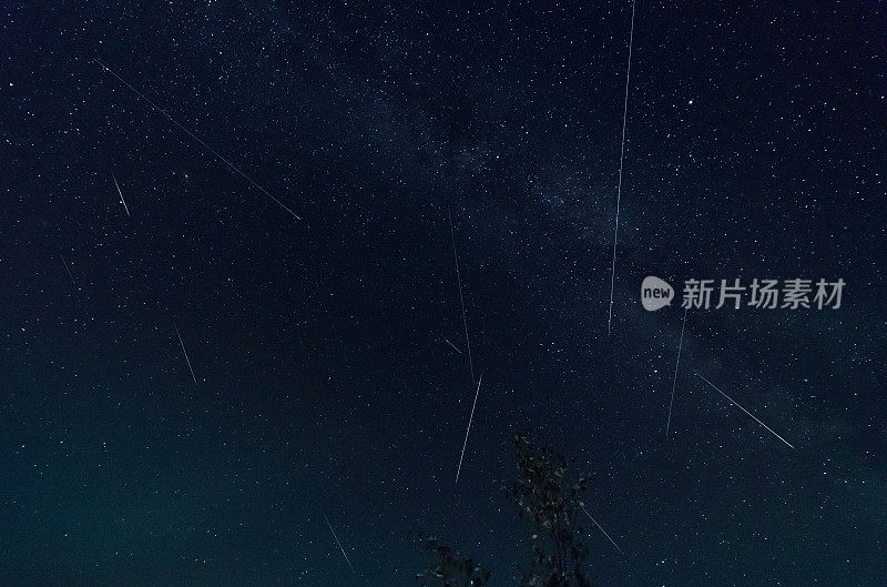流星的痕迹。8月份英仙座。风景如画的背景