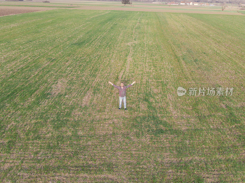 英俊满意的成年农民与双臂伸向他的小麦苗农田在早春。鸟瞰图。