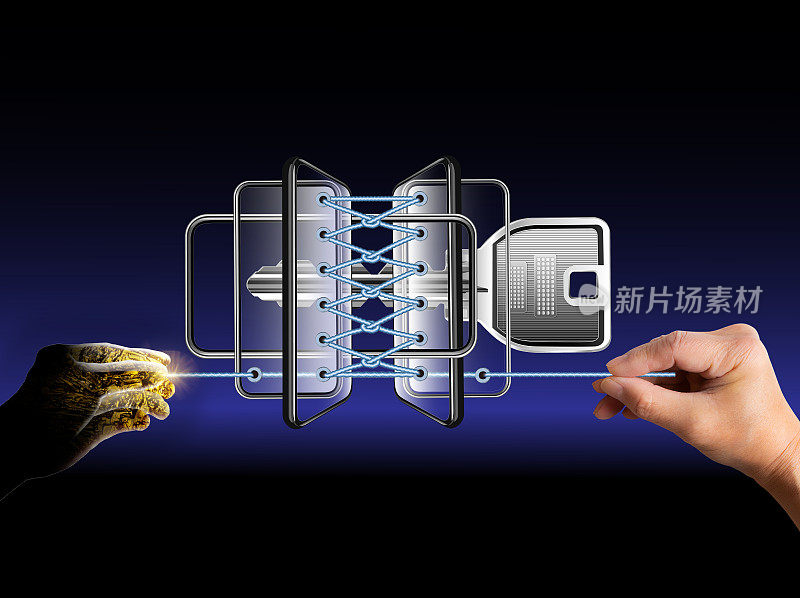 多部智能手机和钥匙用绳子编织成鞋带一样的鞋子。机器人和人的手编织绳子