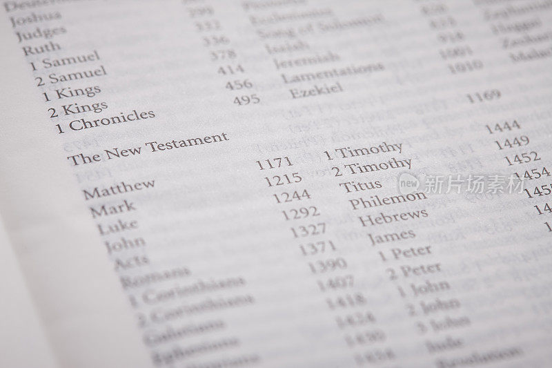 圣经的目录页显示了旧约和新约