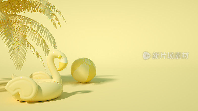 热带棕榈树，充气火烈鸟和沙滩球在黄色的背景，最小的夏季和旅游概念