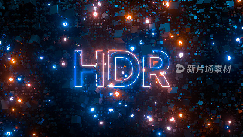 HDR高动态范围电视技术概念。抽象明亮的创作背景。霓虹灯，成千上万的荧光粒子。现代多彩的照明设计。三维渲染
