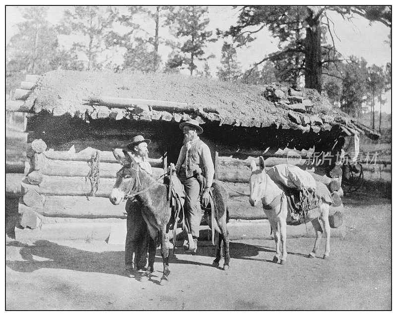 美国的古董黑白照片:大峡谷附近的汉斯小屋
