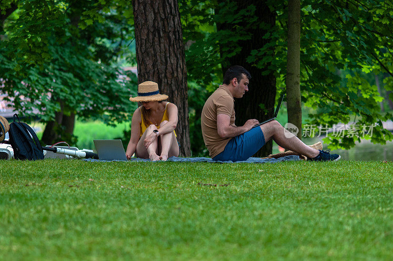 人们在绿色公园工作，夫妇坐在草地上用笔记本电脑