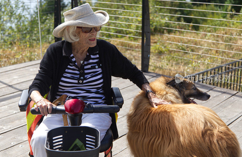 老女人骑着她的摩托车，带着她忠实的狗