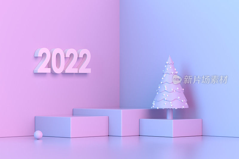 2022年新年，圣诞装饰与讲台，平台，霓虹灯