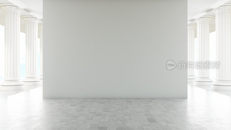 未来主义明亮的白色房间，空墙
