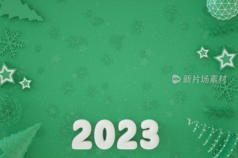 2023年新年，绿色背景的圣诞装饰品