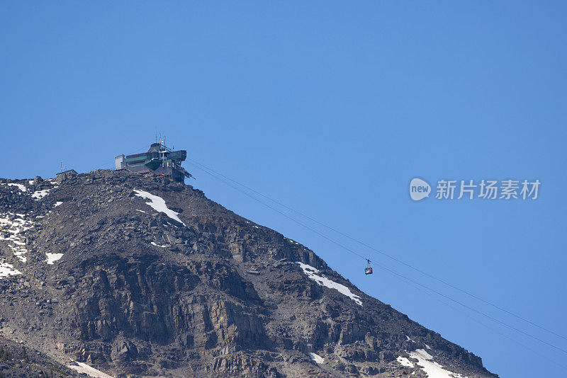 从加拿大阿尔伯塔省的惠斯勒斯山顶俯瞰加拿大落基山脉和贾斯珀有轨电车站