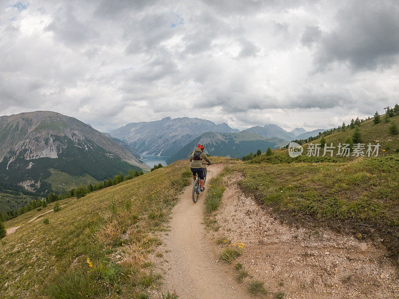 男子山地车沿小径在夏天