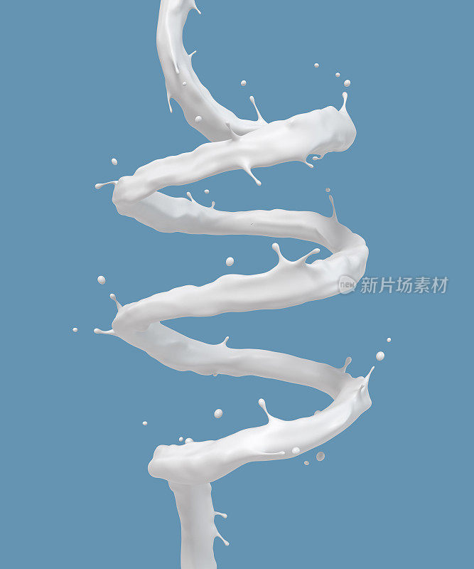 现实的螺旋牛奶流动和飞溅，隔离在蓝色背景，3D渲染