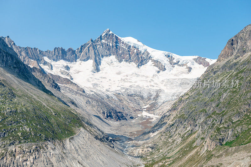 瑞士阿尔卑斯山脉的雪峰和前冰川的山谷