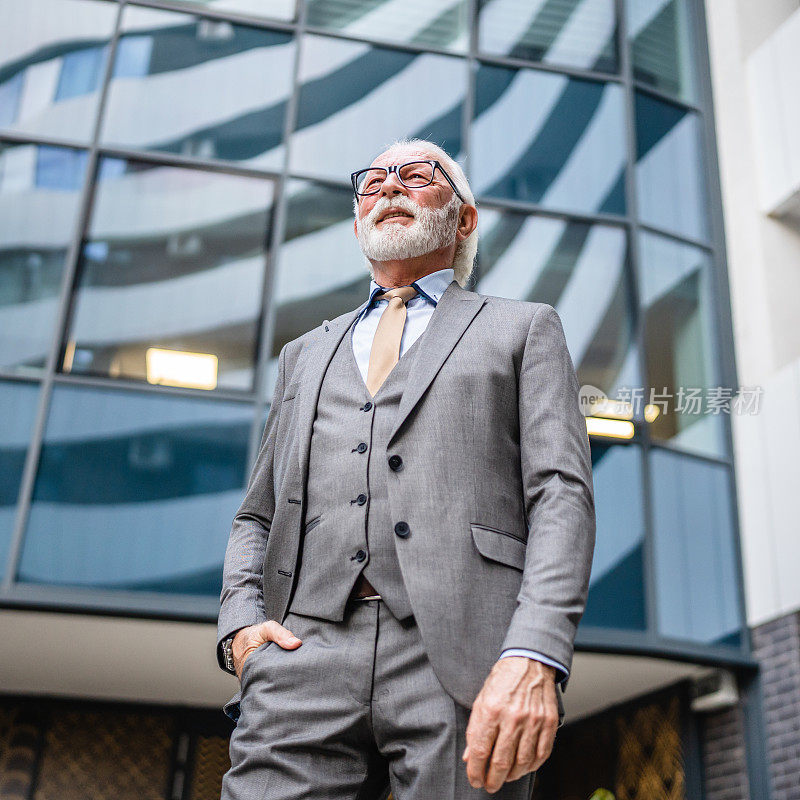老男人的肖像，留着胡子，西装革履的商人站在户外
