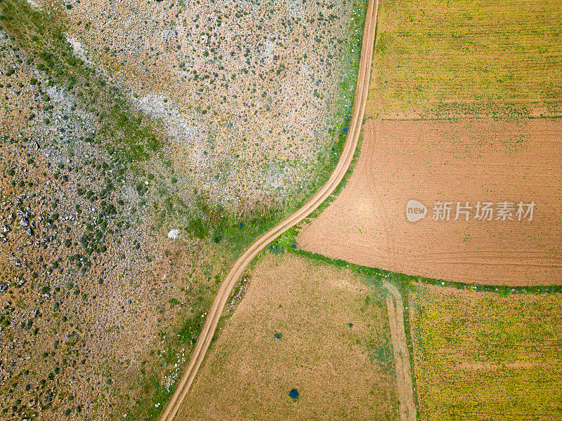 农业区一片片，翻耕种植，鸟瞰无人机拍摄，土路
