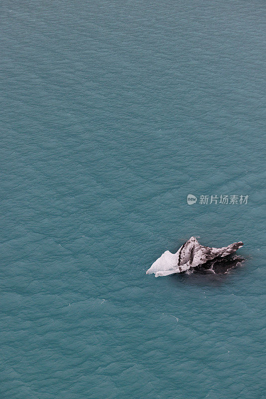 一座被泥土表面染污的冰山在阿拉斯加冰川湾的翡翠水域中凿出了一条路。