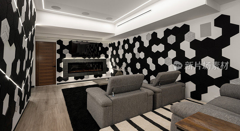 宽敞的现代客厅，配有时尚的家具和当代墙壁艺术