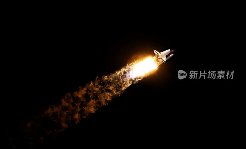 伴随着爆炸和滚滚浓烟的太空火箭穿梭在黑色的天空中。宇宙飞船在黑色背景下起飞。太空任务，概念。