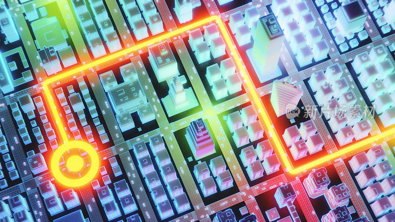 未来的超宇宙霓虹灯城市与道路导航