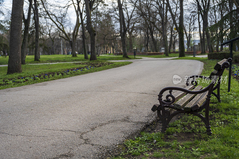 城市公园里被绿色植物和鲜花包围的棕色长椅。休息和放松的长椅。长凳旁边有混凝土小径，可以坐下和跑步。