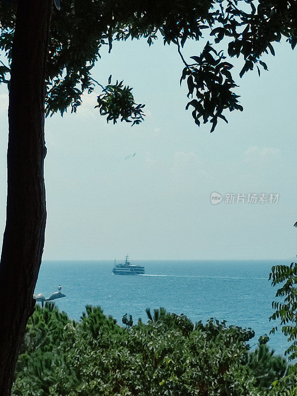 一艘客船驶往土耳其伊斯坦布尔卡迪科伊附近的马尔马拉海博斯普鲁斯海岸的王子岛