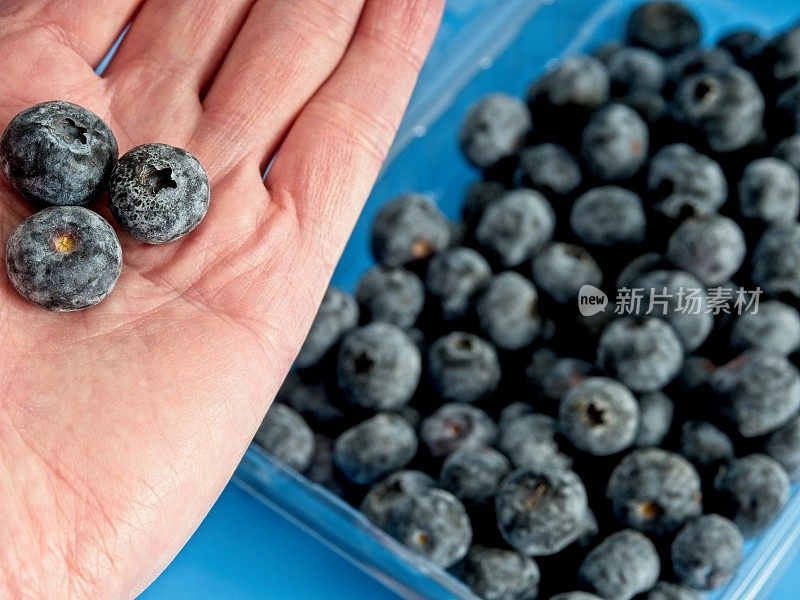 白人男性手握蓝莓在手掌与水果容器的背景