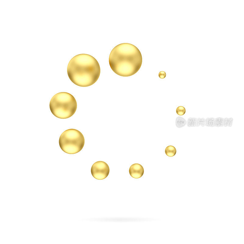 3d金球图标，在白色背景上安排在一个圆圈中彼此。加载进度指示器。金色的金属球。三维渲染