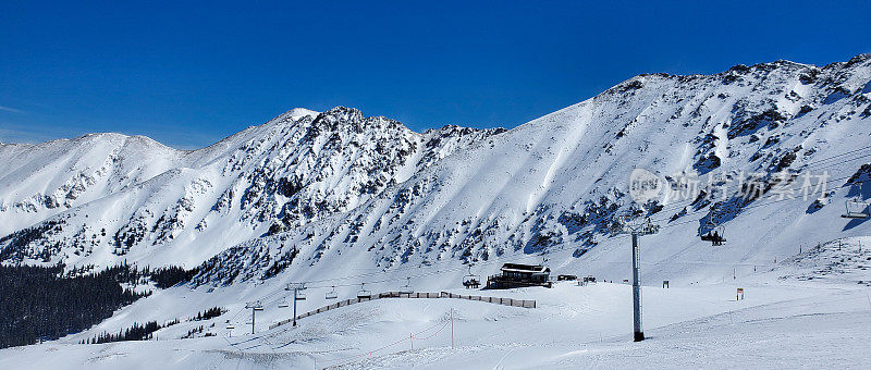 在一个阳光明媚的日子里，从科罗拉多州阿拉帕霍盆地滑雪场的山坡上俯瞰。