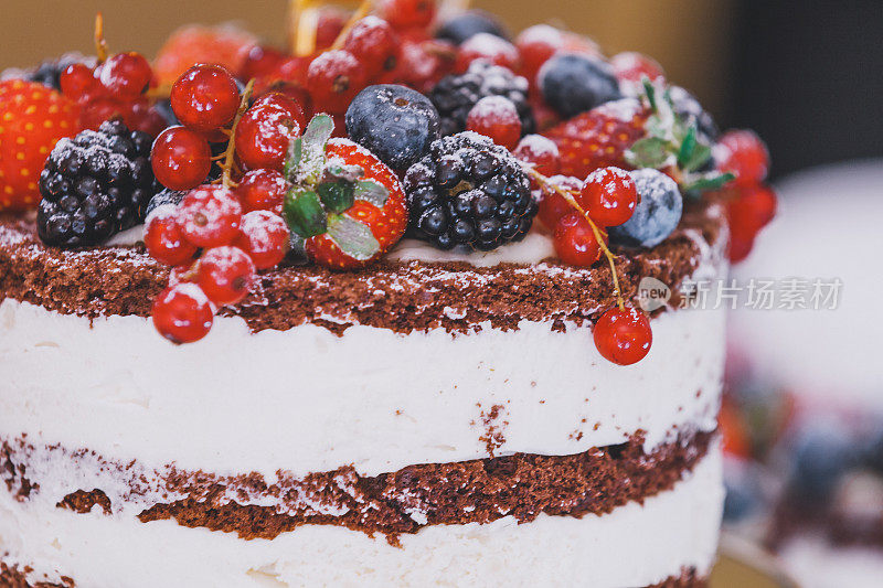 乡村风格的巧克力裸蛋糕，用鲜奶油和浆果装饰，适合婚礼、生日和其他活动。