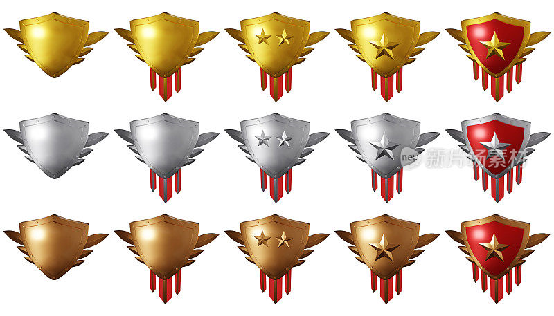 3D金银青铜盾套，现实金属奖杯，中世纪奖励套件，升级游戏徽章。