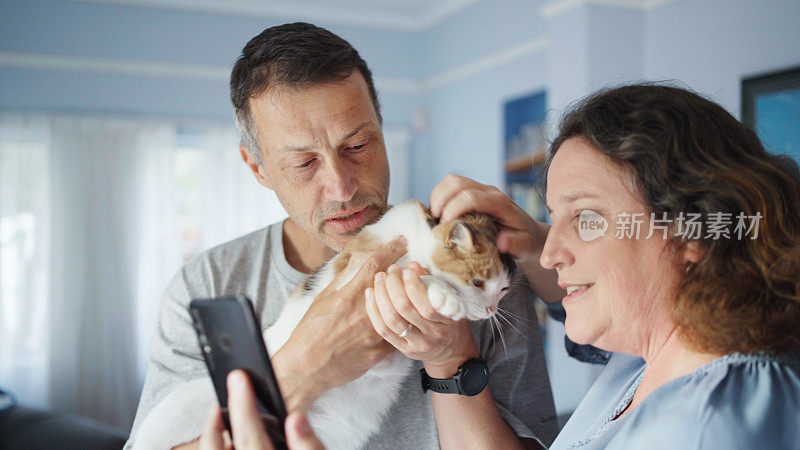 一对夫妇在家里和他们的猫合影