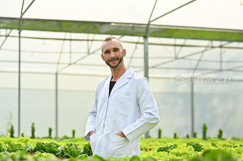 阳性白种男性植物研究员、遗传学家、生物学家，身穿白大褂，站在工业温室的蔬菜中间。