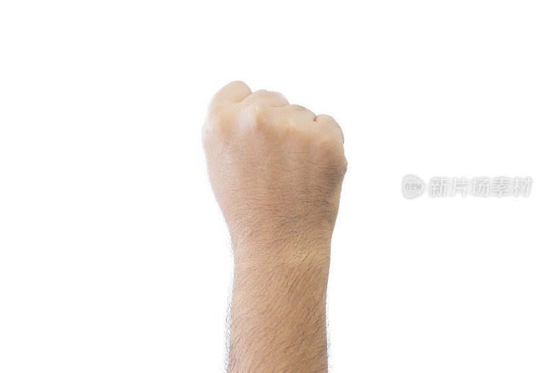 特写男人的手背。闭合伸出的手，显示零手指表示数字零，在问候中延伸复制空间孤立在白色背景上。文本空间。