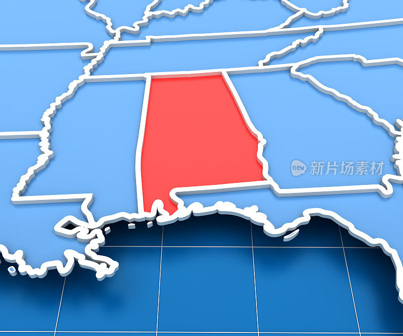 美国地图的3d渲染与阿拉巴马州突出显示