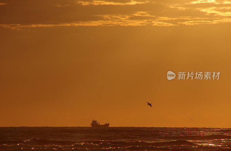 在地平线上离开海船