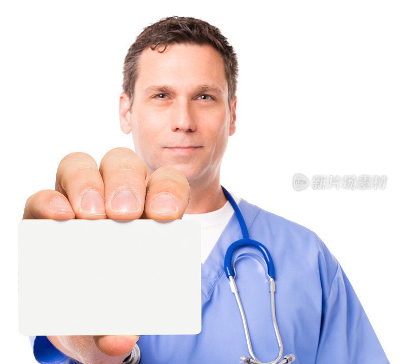 医生与空白商业信用卡孤立在白色背景