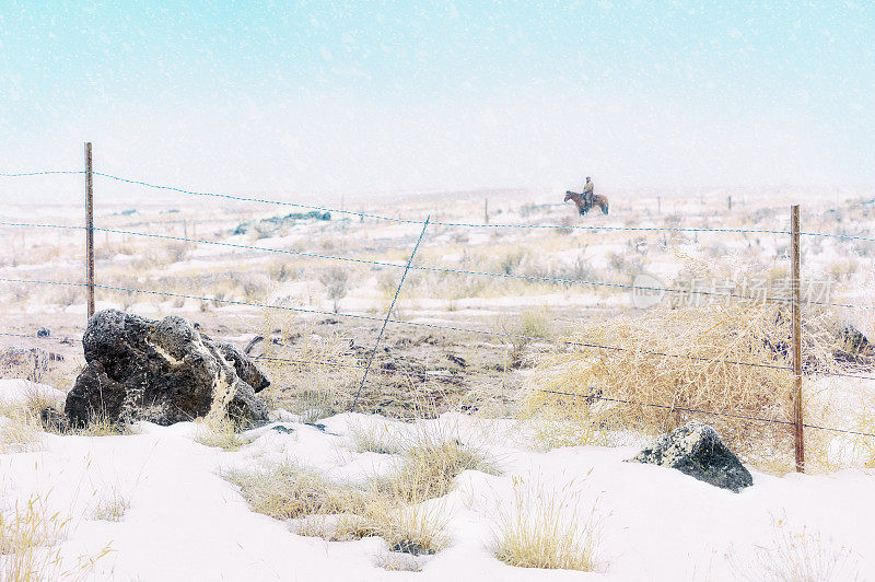 冬季沙漠暴风雪中的孤独骑士