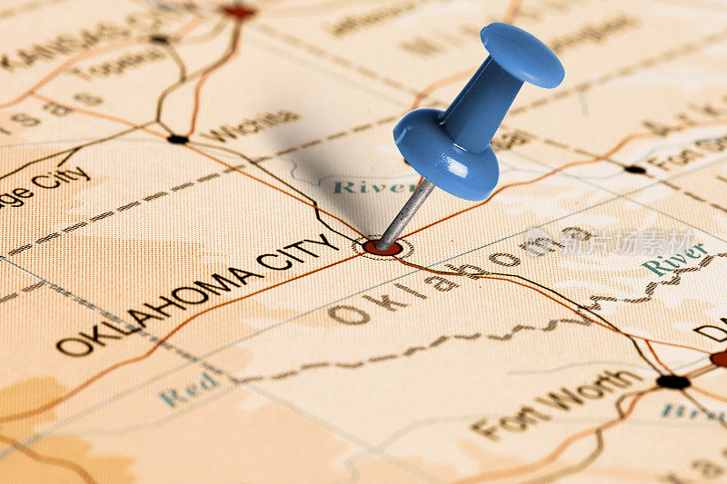 俄克拉荷马城位置。地图上的蓝色大头针。